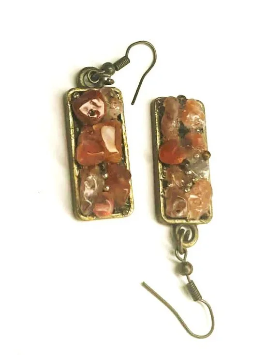 Red Jasper Earrings Handmade Gemstone Dangle Bronze Boho Gift - Picture 4 of 8